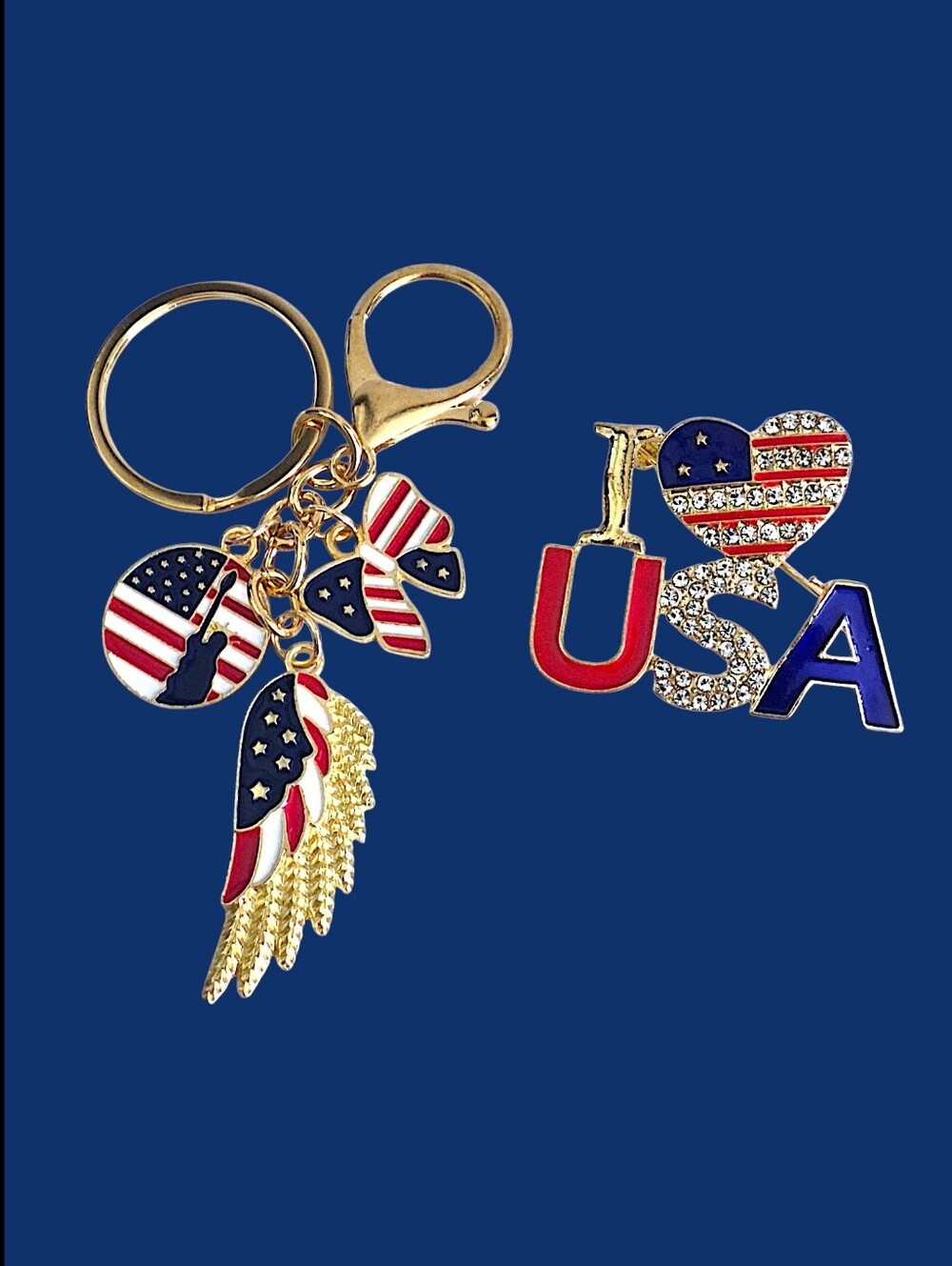 Patriotic Bag Charm / Keychain & USA Pin Set - Red White Blue & Gold